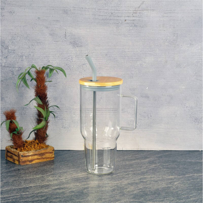 Tohana Maxi Bambu Kapaklı Cam Kupa Gri 1000 ml - 1